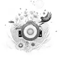 sleeve with camera, bellis flower, cosmos flower, birds, stars, woodlous, Phoenix  tattoo design idea