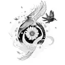sleeve with camera, bellis flower, cosmos flower, birds, stars, woodlous, Phoenix  tattoo design idea