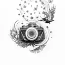 sleeve with camera, bellis flower, cosmos flower, birds, stars, woodlous, Phoenix  tattoo design idea