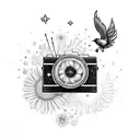 sleeve with camera, bellis flower, cosmos flower, birds, stars, woodlous, Phoenix  tattoo design idea