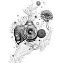 sleeve with camera, bellis flower, cosmos flower, birds, stars, woodlous, Phoenix  tattoo design idea