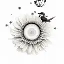 sleeve with camera, bellis flower, cosmos flower, birds, stars, woodlous, Phoenix  tattoo design idea