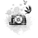 sleeve with camera, bellis flower, cosmos flower, birds, stars, woodlous, Phoenix  tattoo design idea