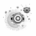 sleeve with camera, bellis flower, cosmos flower, birds, stars, woodlous, Phoenix  tattoo design idea