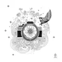 sleeve with camera, bellis flower, cosmos flower, birds, stars, woodlous, Phoenix  tattoo design idea