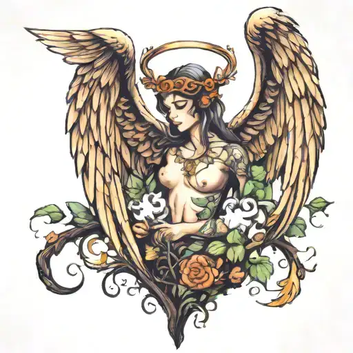 angel wings spread wide dark forest and "NIM" ward tattoo design idea