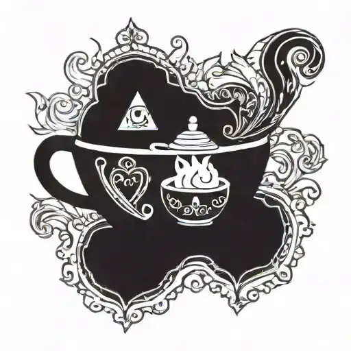 A tea cup with steam rising, surrounded by various symbols representing hardwork and determination, in blackwork style tattoo design idea