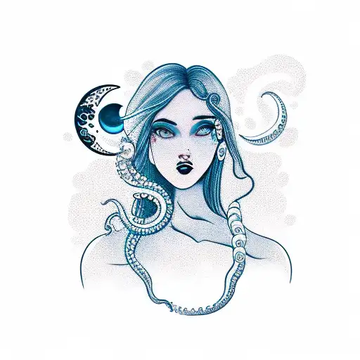Girl with moon behind her with tentacles wrapping around tattoo design idea