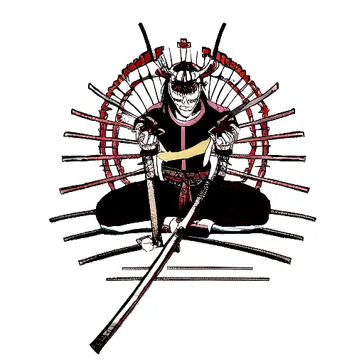 Japanese demon with a samurai warrior mask sitting in a cross legged pose holding two swords that bend and encircle him tattoo design idea