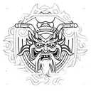 Japanese demon with a samurai warrior mask sitting in a cross legged pose holding two swords that bend and encircle him tattoo design idea