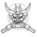 Japanese demon with a samurai warrior mask sitting in a cross legged pose holding two swords that bend and encircle him tattoo design idea