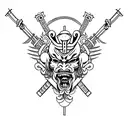 Japanese demon with a samurai warrior mask sitting in a cross legged pose holding two swords that bend and encircle him tattoo design idea