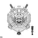 Japanese demon with a samurai warrior mask sitting in a cross legged pose holding two swords that bend and encircle him tattoo design idea