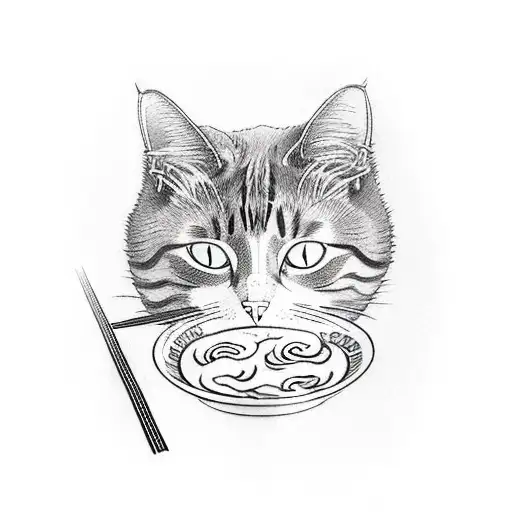 cat sitting next to a bowl of ramen and grabbing a noodle with its paw  tattoo design idea
