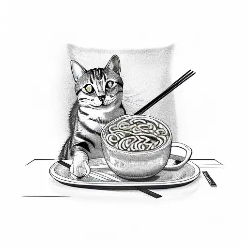 cat sitting next to a bowl of ramen and grabbing a noodle with its paw  tattoo design idea