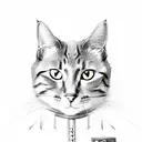 A sketch-style portrait of a cat wearing a Genshin Impact character's outfit tattoo design idea