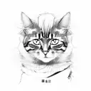 A sketch-style portrait of a cat wearing a Genshin Impact character's outfit tattoo design idea