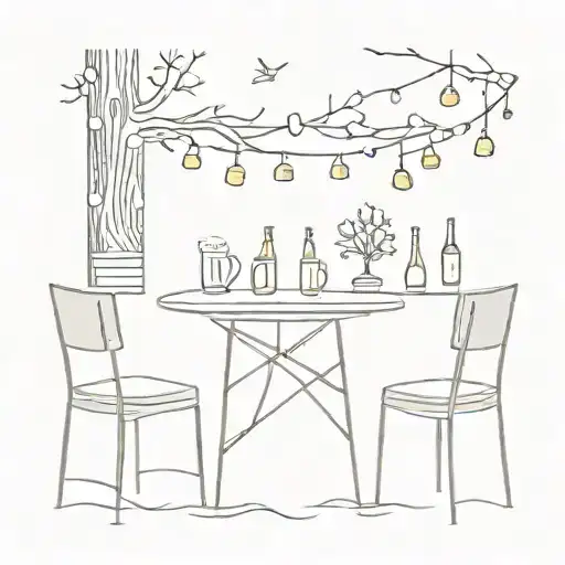 tree with string lights, table with two chairs and two beer glasses tattoo design idea