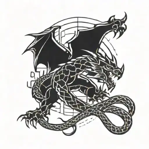 A minimalist tattoo of a pixelated dragon and snake facing off in a gaming arena tattoo design idea