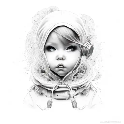 half girl  inside baby and burning fire, love line art music  tattoo design idea