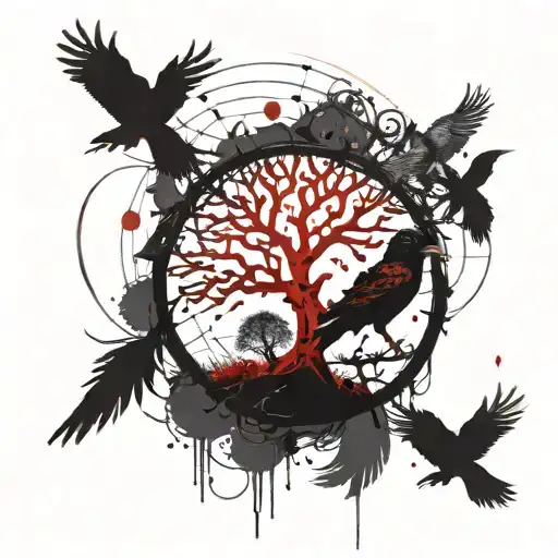 tree of life with raven and vegvisir tattoo design idea