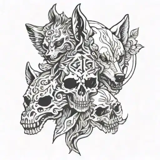 valikrye skulls with wolf  tattoo design idea