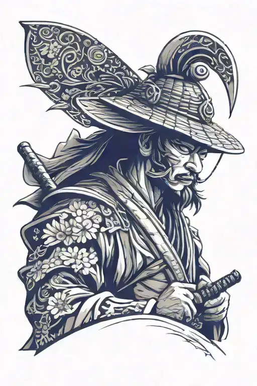 samurai with a kimono and a hat tattoo design idea