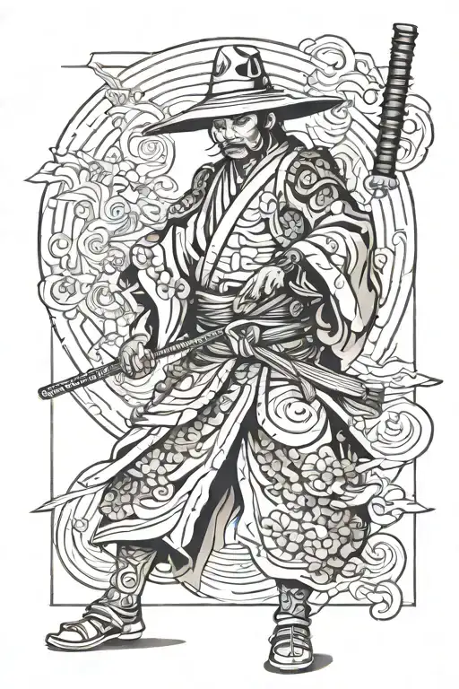 samurai with a kimono and a hat, full body tattoo design idea