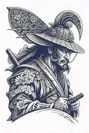 samurai with a kimono and a hat tattoo design idea