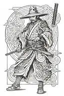 samurai with a kimono and a hat, full body tattoo design idea