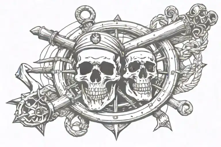 skull ship rudder and anchor tattoo design idea
