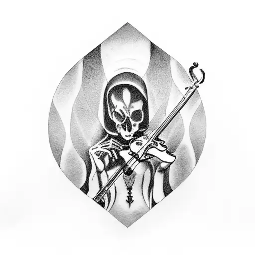 A tattoo of a mysterious figure playing a dark melody on a violin, combining your interests in music and dark theories tattoo design idea