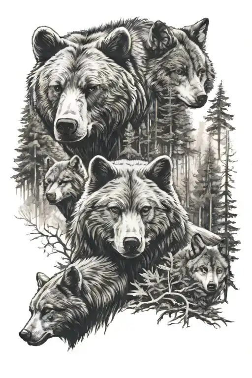 bear, wolf, buck standing in woods tattoo design idea