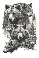 bear, wolf, buck standing in woods tattoo design idea