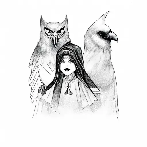 A witchy family portrait with each member represented by a different bird (raven, bat, crow) in a dark and mystical setting tattoo design idea