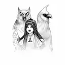 A witchy family portrait with each member represented by a different bird (raven, bat, crow) in a dark and mystical setting tattoo design idea