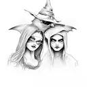 A witchy family portrait with each member represented by a different bird (raven, bat, crow) in a dark and mystical setting tattoo design idea