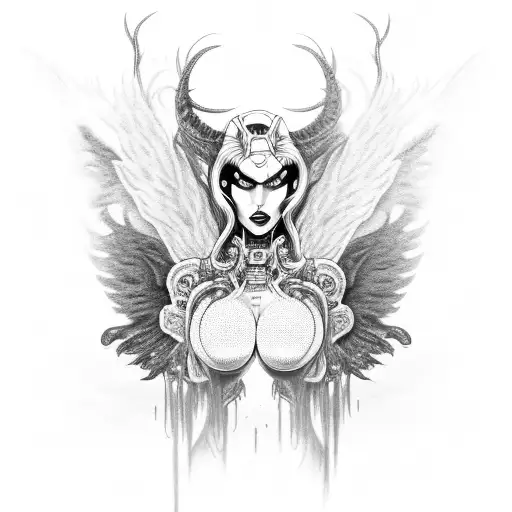A black and grey tattoo of a demon robot hooker with wings engulfed in flames tattoo design idea