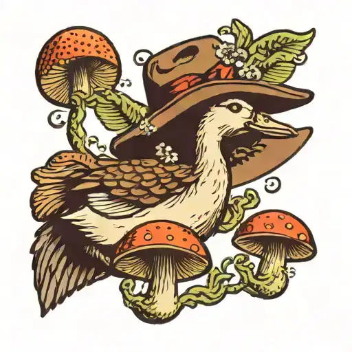 goose with disco ball cowboy hat and mushrooms   tattoo design idea