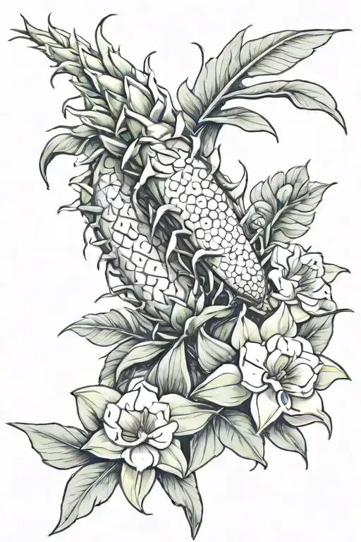 dragonfruit plant wrapping around the arm with fruit and plumeria tree and dragon head at top tattoo design idea
