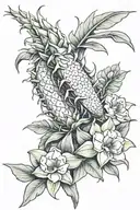 dragonfruit plant wrapping around the arm with fruit and plumeria tree and dragon head at top tattoo design idea