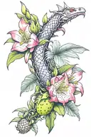 dragonfruit plant wrapping around the arm with fruit and plumeria tree and dragon head at top tattoo design idea