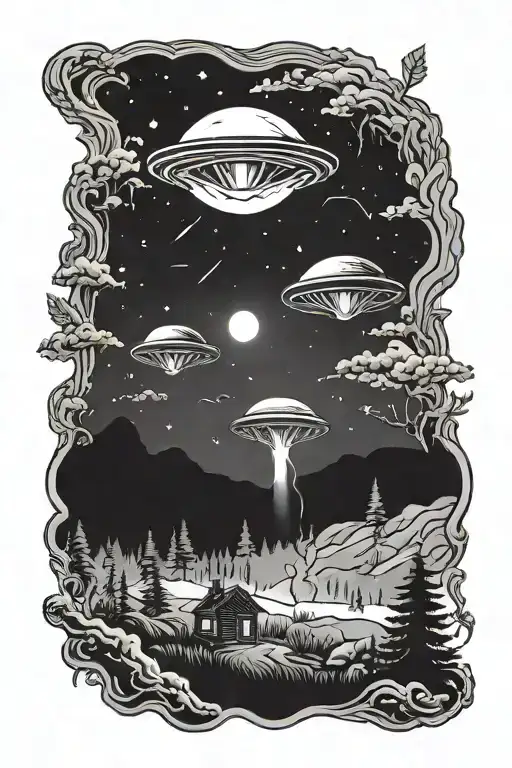 alien abduction scene in a forest landscape with night sky and aliens tattoo design idea