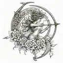 create a tattoo design for goddess diana with bow and arrow on a crescent moon. with capricorn symbol tattoo design idea