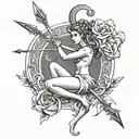 create a tattoo design for goddess diana with bow and arrow on a crescent moon. with capricorn symbol tattoo design idea
