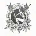 create a tattoo design for goddess diana with bow and arrow on a crescent moon. with capricorn symbol tattoo design idea