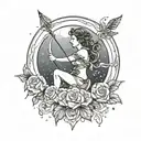 create a tattoo design for goddess diana with bow and arrow on a crescent moon. with capricorn symbol tattoo design idea