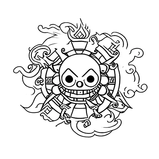 A minimalist tattoo of the iconic One Piece ship, Thousand Sunny, with a touch of sales elements integrated into the artwork tattoo design idea