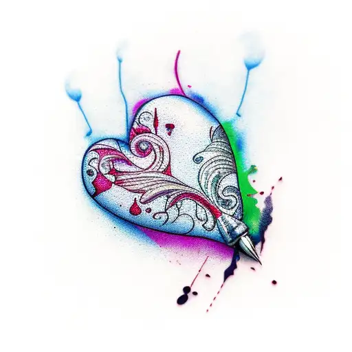 TATTOO OF A PEN THAT COLORS A REALISTIC BROKEN HEART, WITH DRIPPING, COLORED, AND REALISTIC BLOOD,  tattoo design idea