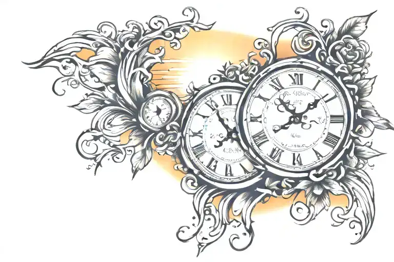 Sunset tattoo with clock tattoo design idea